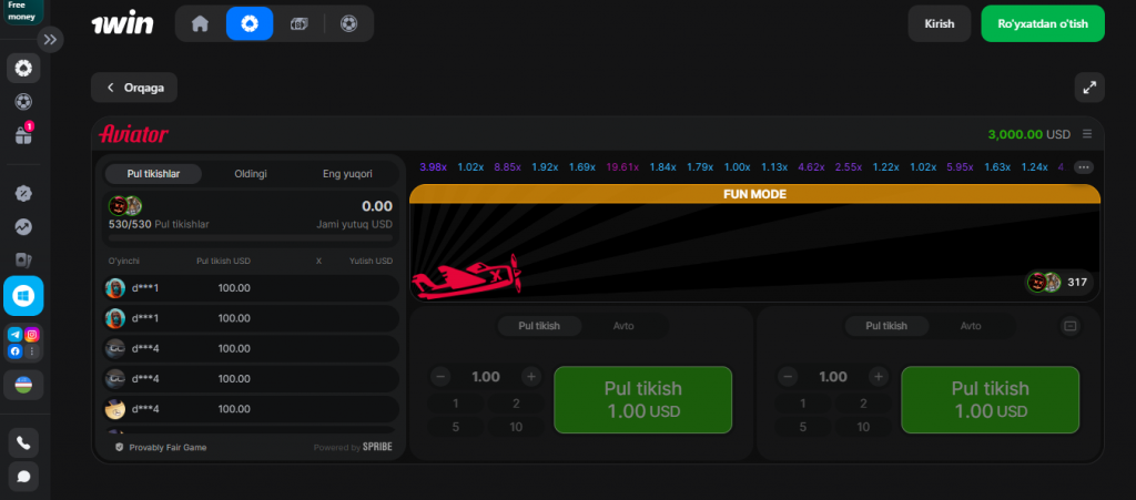 1win Aviator o'yin mexanikasi
